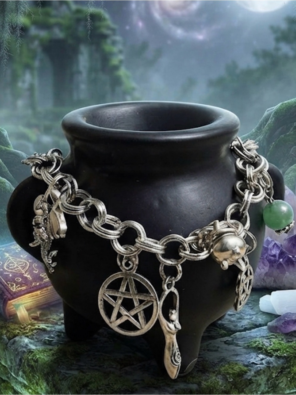Goddess & pentagram Charm Bracelet with Aventurine Bead